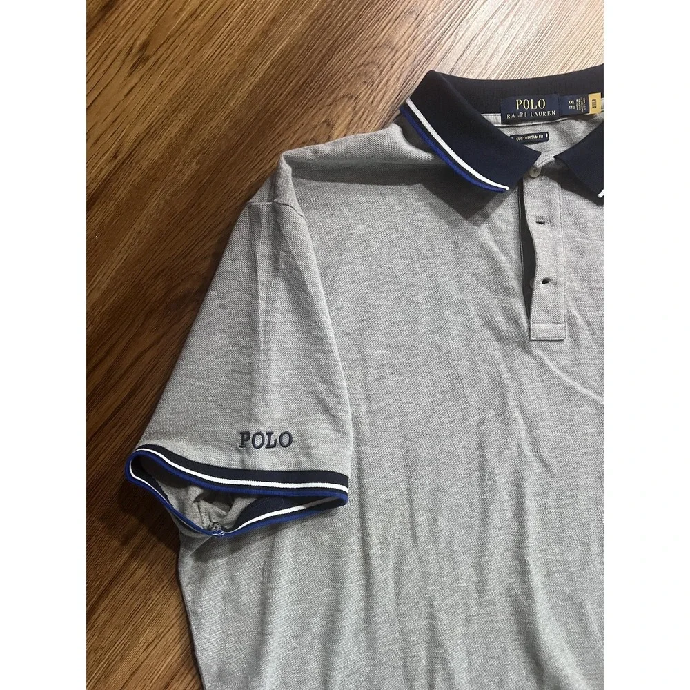 POLO Ralph Lauren Size‎ XXL Gray With Blue Collar Short Sleeve Custom Slim Fit